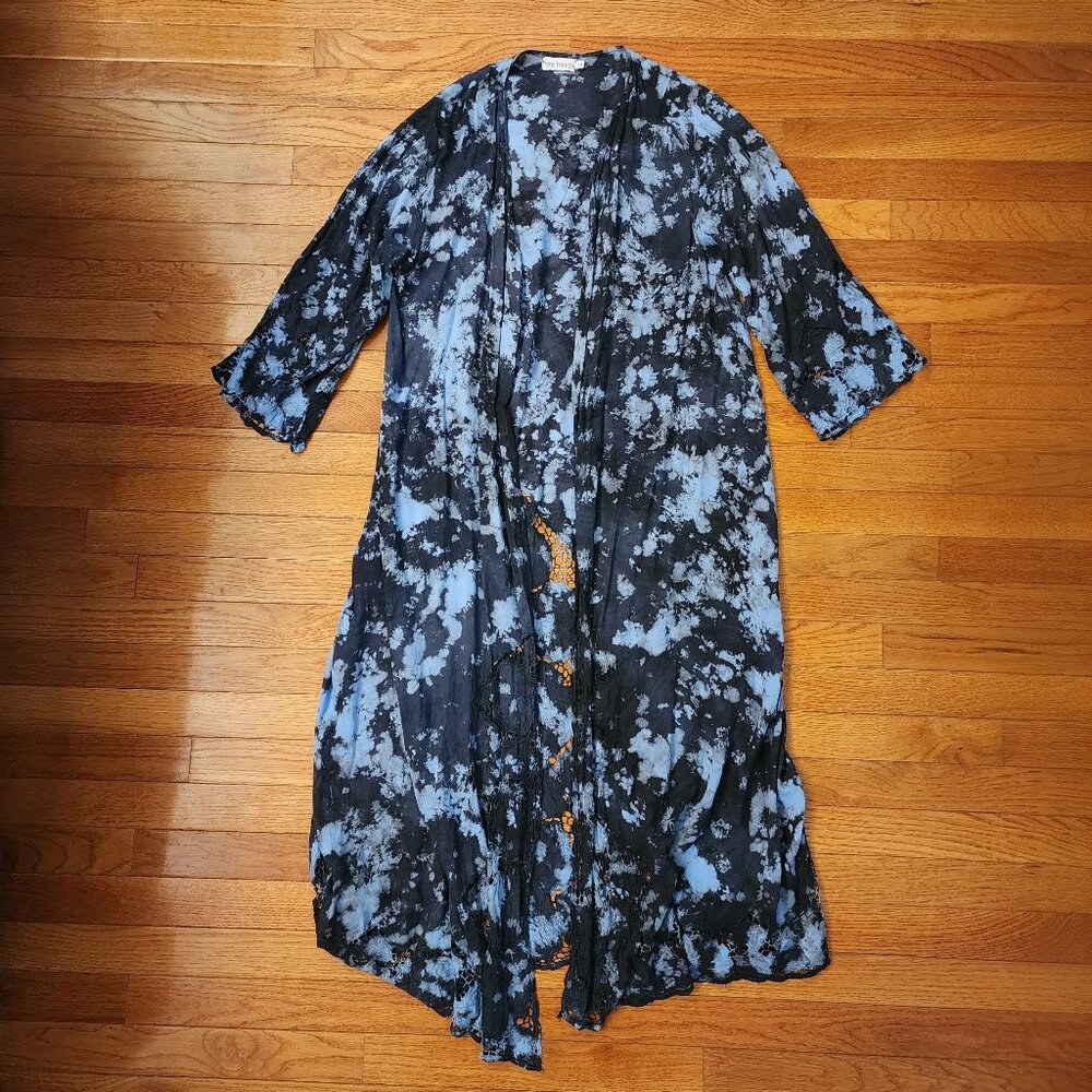 Tiare Hawaii Light & Dark Blue Tie Dye Kimono with Lace Cutouts